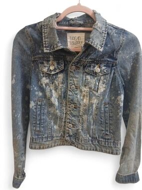 Thread & Supply Distressed Blue Jean Jacket with Bleach Accents